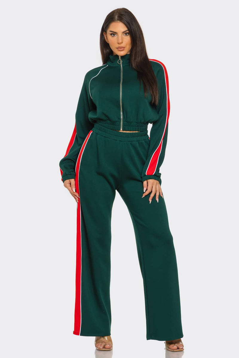 Farbblock-Frontreißverschluss-Top und Hose Set
