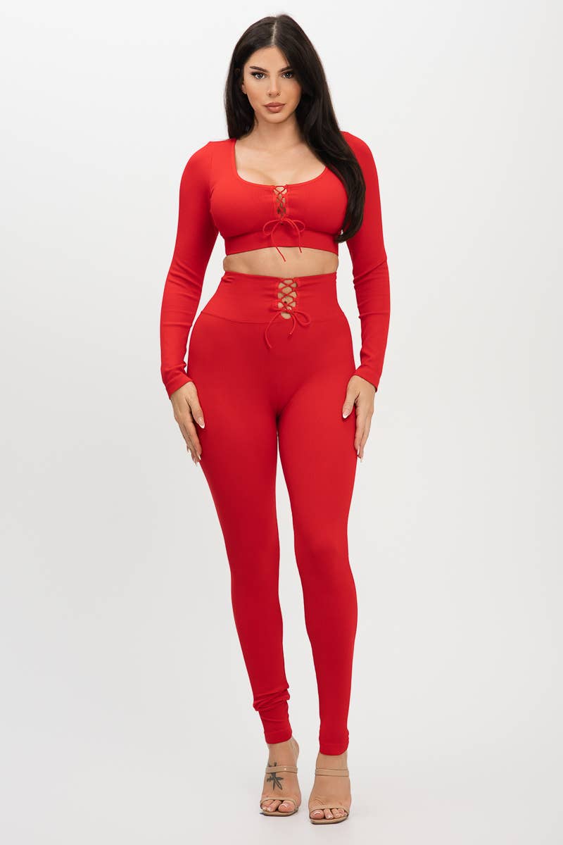 Nahtloses Frontkreuz-Bindung Langarm-Top und Leggings-Set