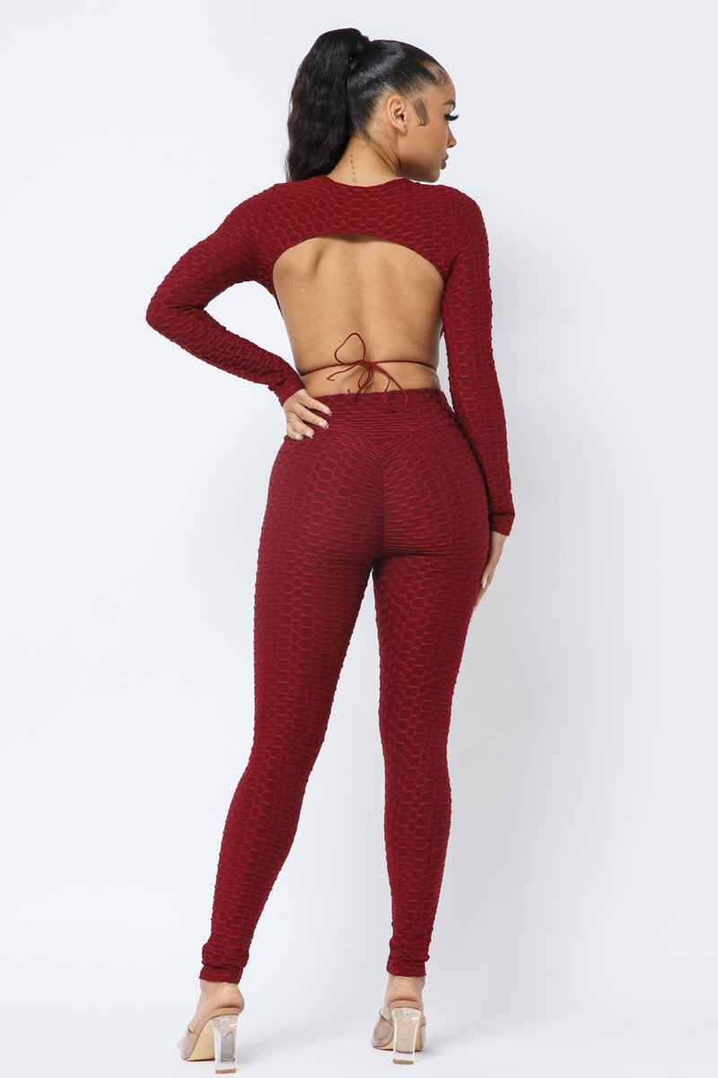 Set aus Honigwaben-Jacquard-Top mit offenem Rücken und Leggings