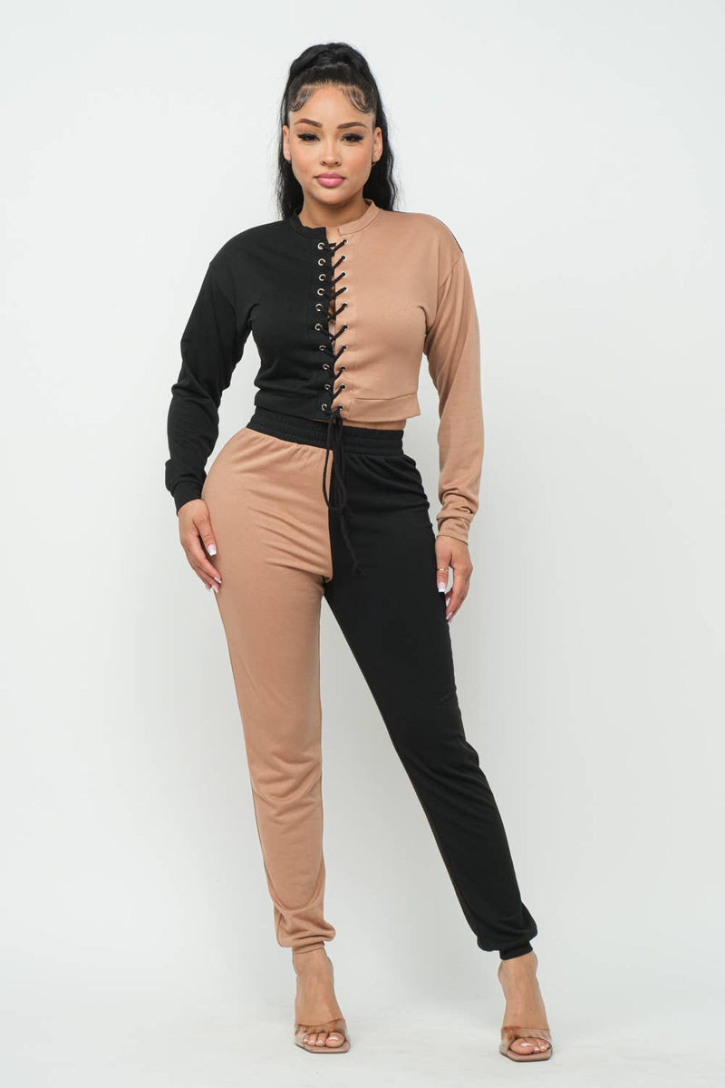 Set aus Top und Hose in Blockfarben mit Ösen und Kreuzband