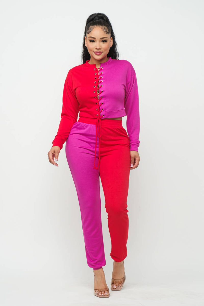 Set aus Top und Hose in Blockfarben mit Ösen und Kreuzband